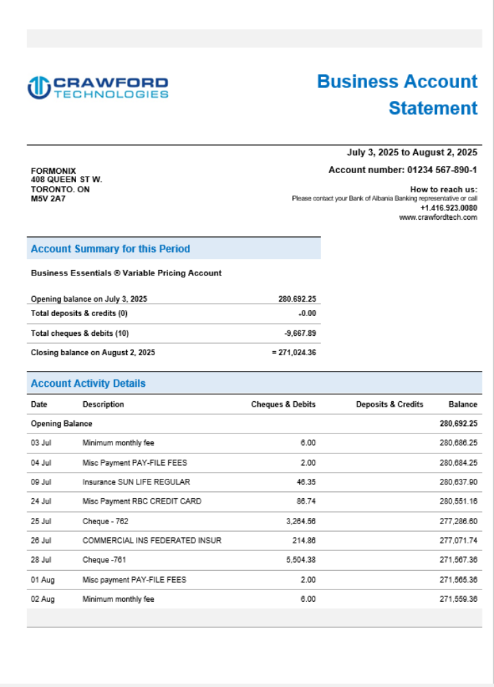Relevé bancaire professionnel CrawfordTech au format Word et PDF